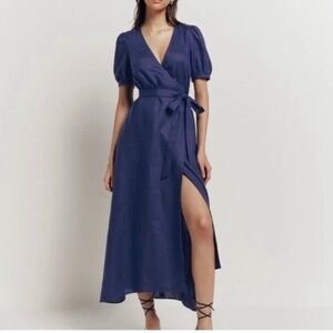 Reformation Navy blue linen wrap dress in size xs
